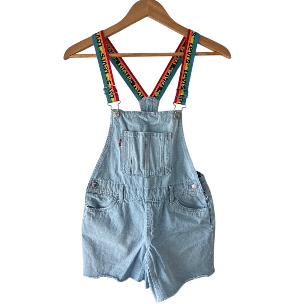 Levis Shortall Denim Overalls Kids Size 12 Reg Light Wash Rainbow Logo Straps